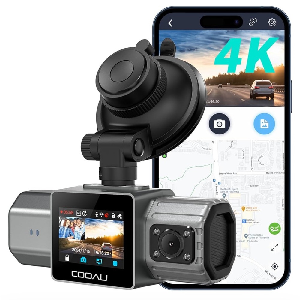 COOAU 4k Dual Dash Cam Built-in GPS Wi-Fi, 2.5K+1080P | Support 256GB Max